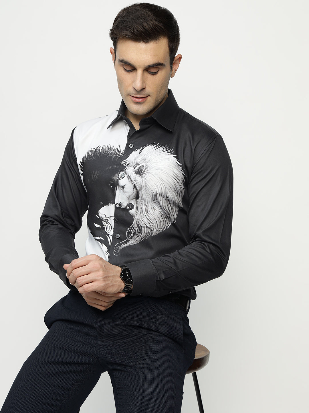 Hancock Men Black Printed Pure Cotton Slim Fit Party Shirt