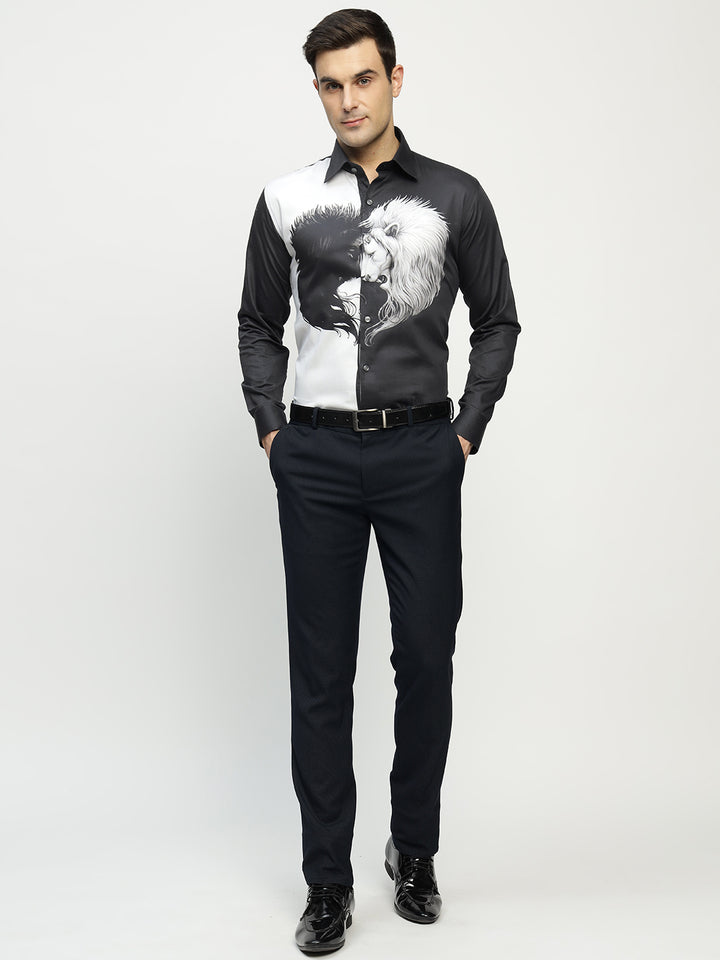 Hancock Men Black Printed Pure Cotton Slim Fit Party Shirt