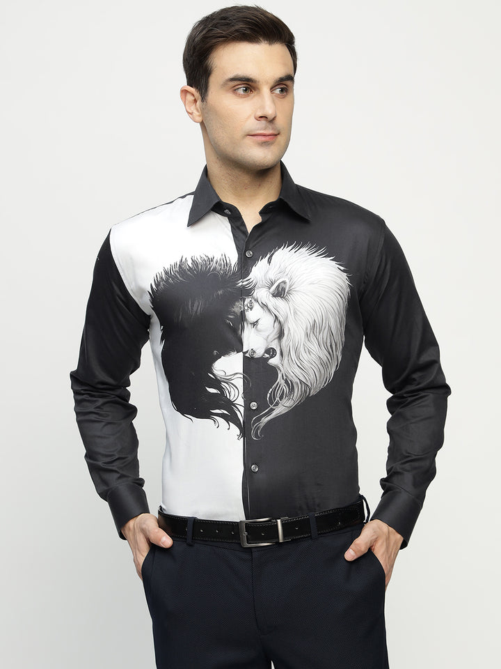 Hancock Men Black Printed Pure Cotton Slim Fit Party Shirt