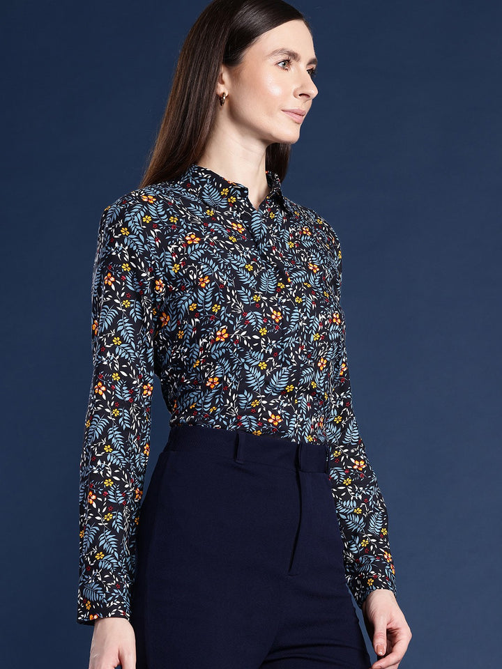 Women Black Floral Viscose Rayon Rayon Formal Shirt