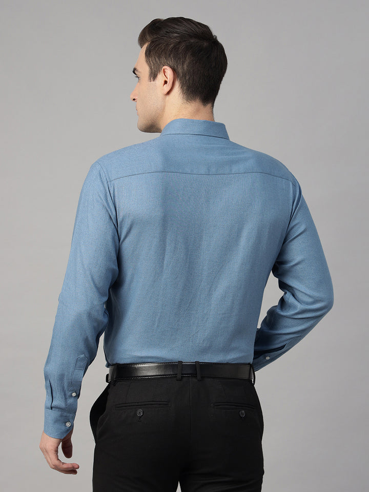 Hancock Men Steel Blue Solid Linen Blend Slim Fit Formal Shirt