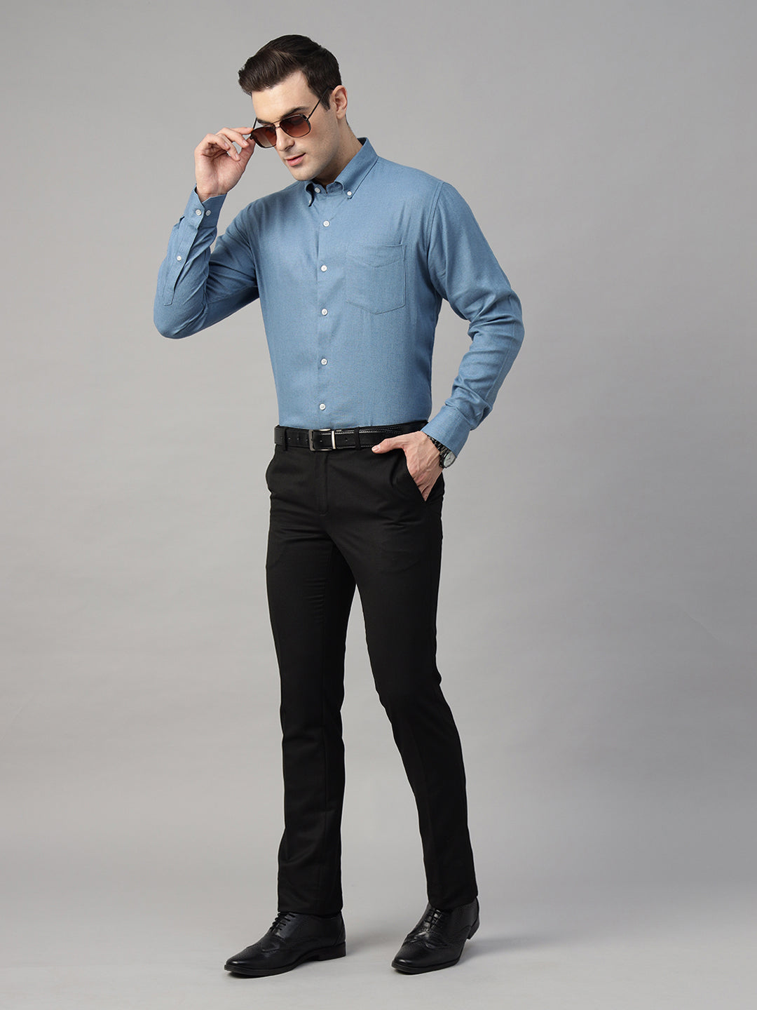 Hancock Men Steel Blue Solid Linen Blend Slim Fit Formal Shirt