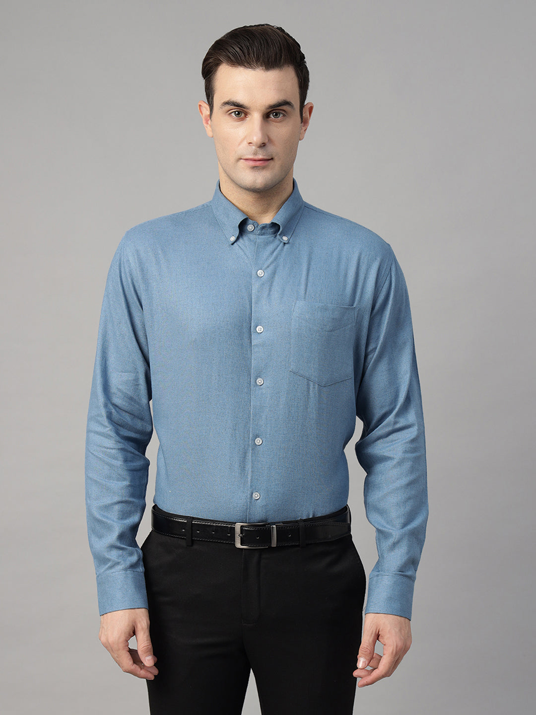 Hancock Men Steel Blue Solid Linen Blend Slim Fit Formal Shirt