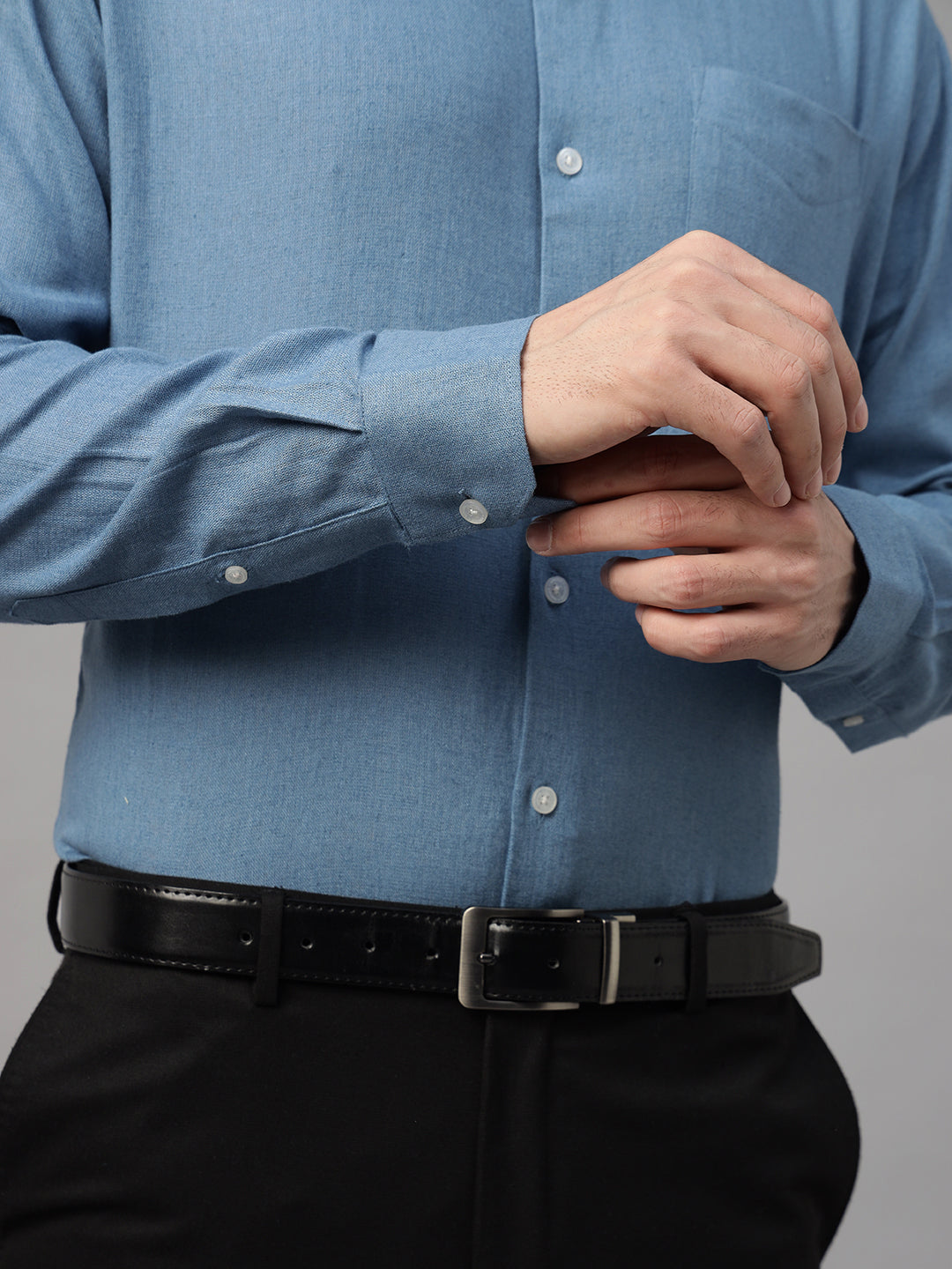 Hancock Men Steel Blue Solid Linen Blend Slim Fit Formal Shirt