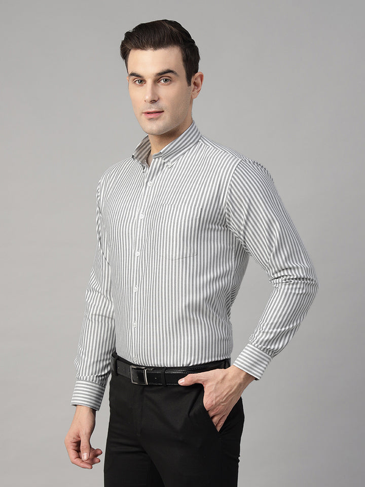 Men White & Grey Striped Cotton Rich Slim Fit Formal Shirt