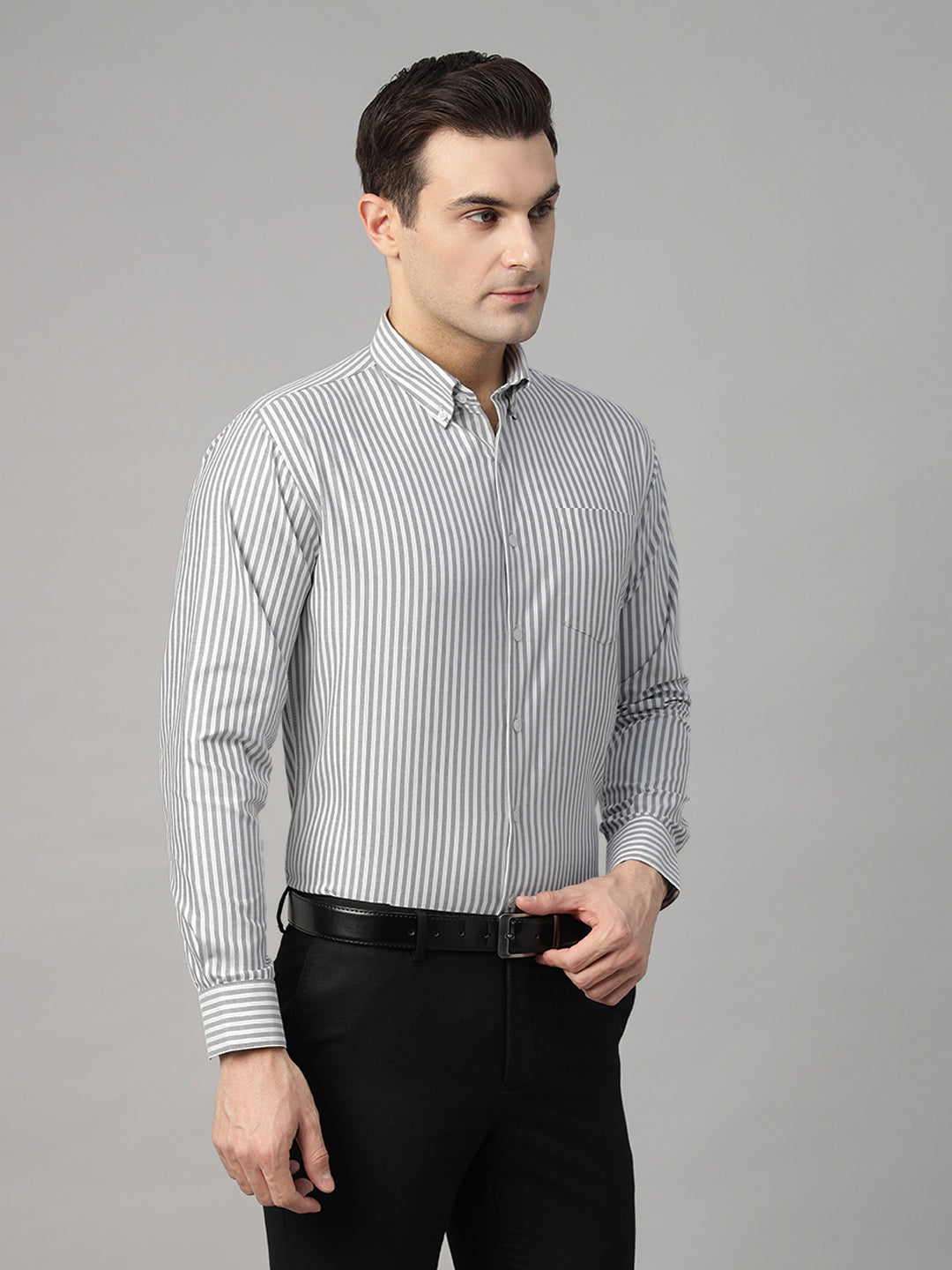 Men White & Grey Striped Cotton Rich Slim Fit Formal Shirt