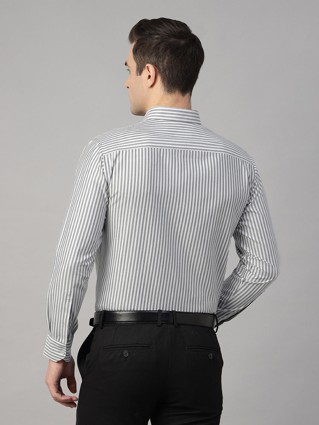 Men White & Grey Striped Cotton Rich Slim Fit Formal Shirt