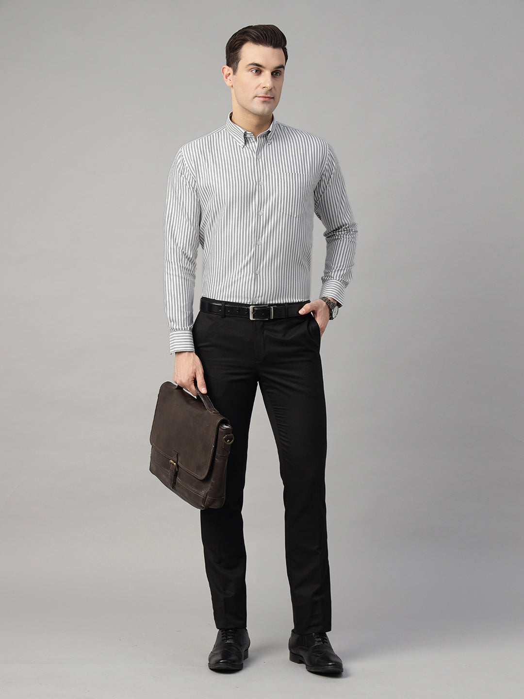 Men White & Grey Striped Cotton Rich Slim Fit Formal Shirt