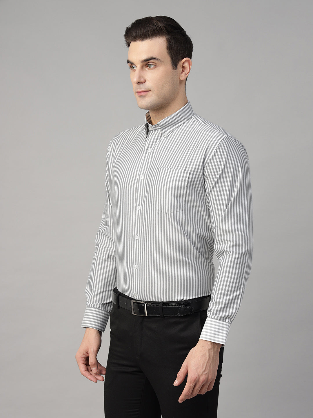 Men White & Grey Striped Cotton Rich Slim Fit Formal Shirt