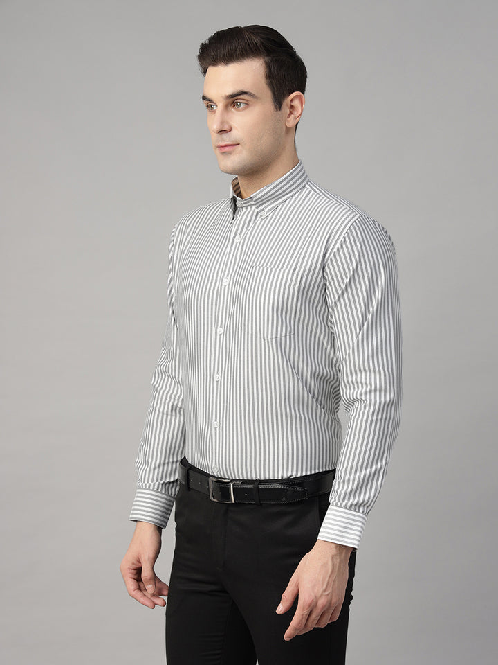 Men White & Grey Striped Cotton Rich Slim Fit Formal Shirt