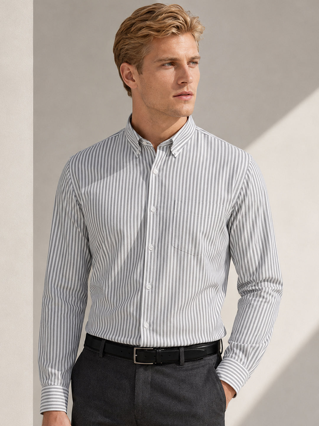 Men White & Grey Striped Cotton Rich Slim Fit Formal Shirt