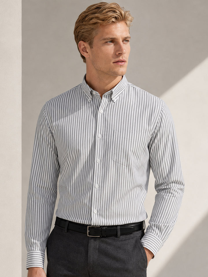 Men White & Grey Striped Cotton Rich Slim Fit Formal Shirt