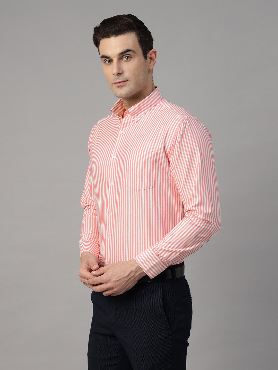 Men White & Coral Striped Cotton Rich Slim Fit Formal Shirt