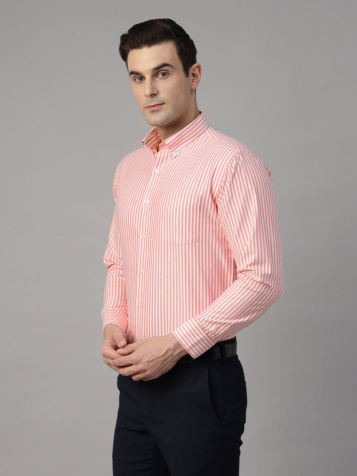 Men White & Coral Striped Cotton Rich Slim Fit Formal Shirt