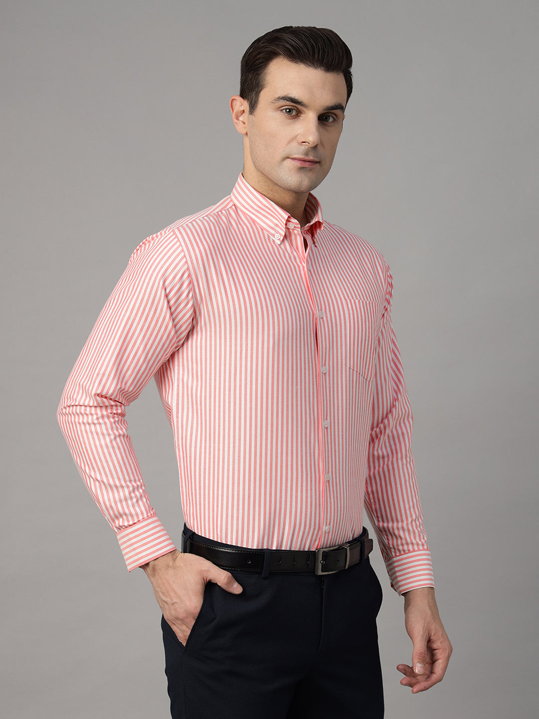 Men White & Coral Striped Cotton Rich Slim Fit Formal Shirt
