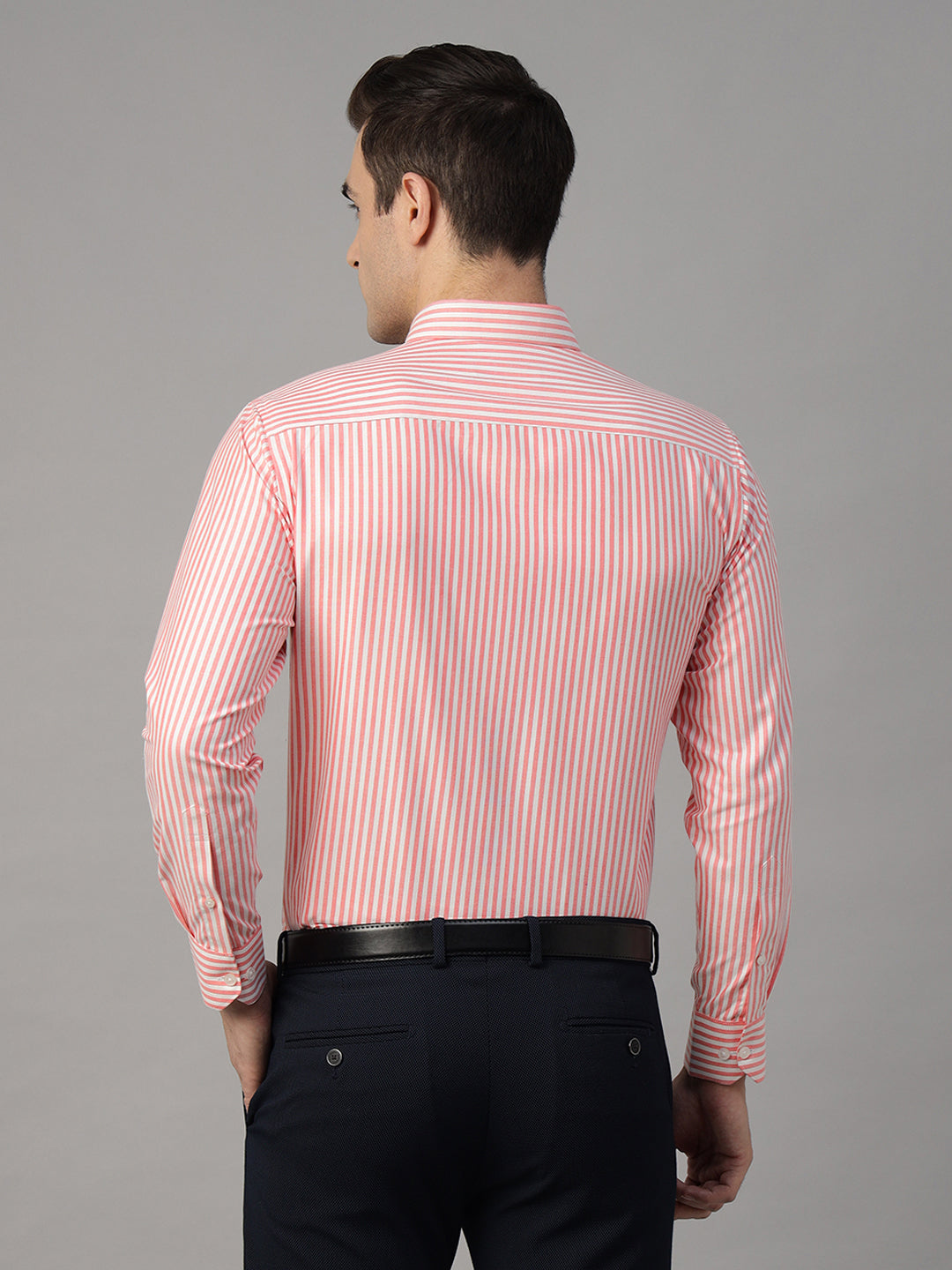 Men White & Coral Striped Cotton Rich Slim Fit Formal Shirt