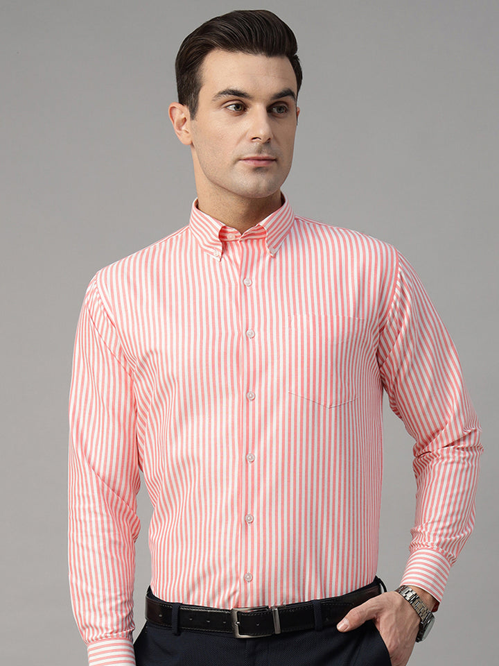 Men White & Coral Striped Cotton Rich Slim Fit Formal Shirt