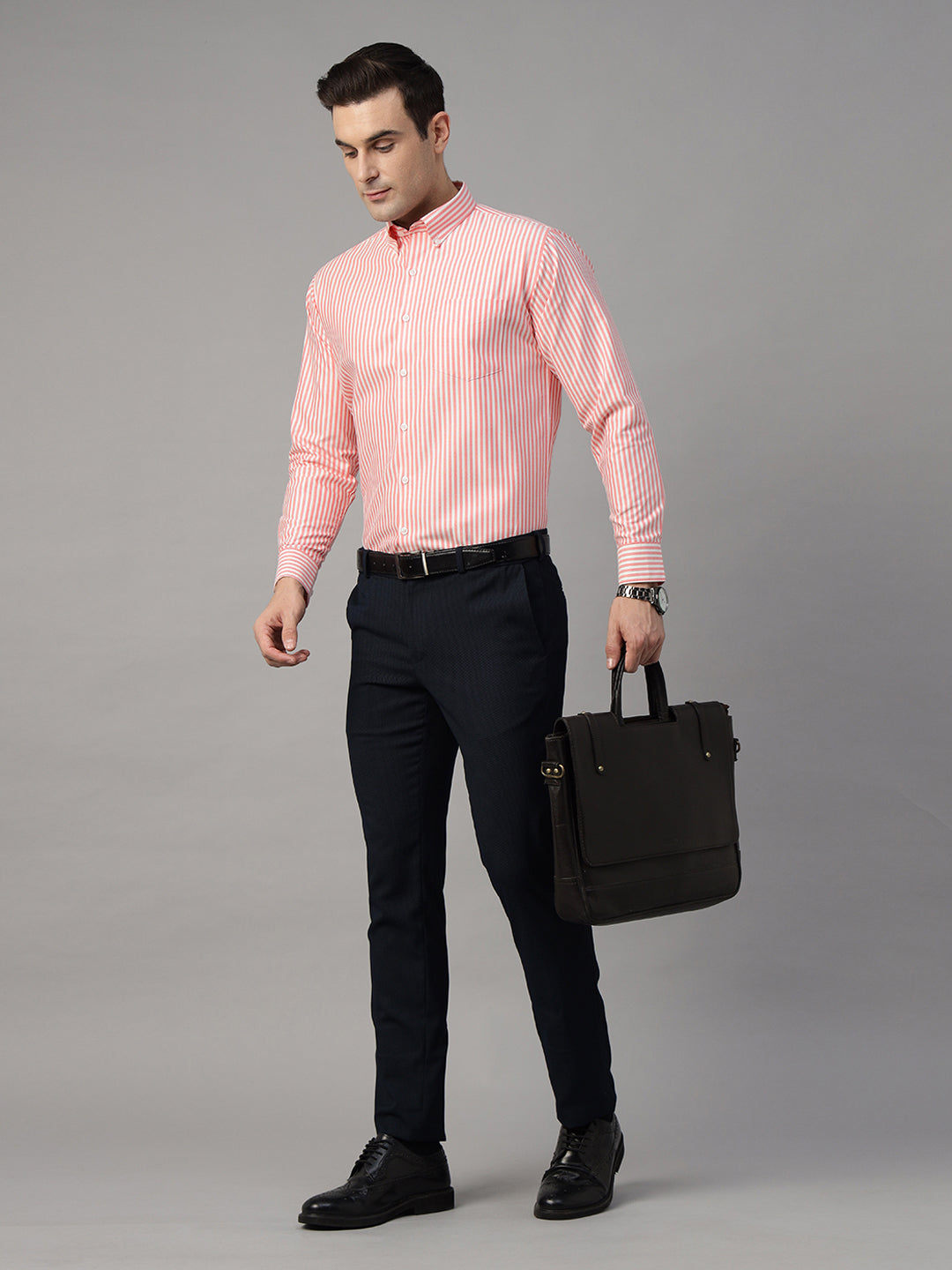 Men White & Coral Striped Cotton Rich Slim Fit Formal Shirt