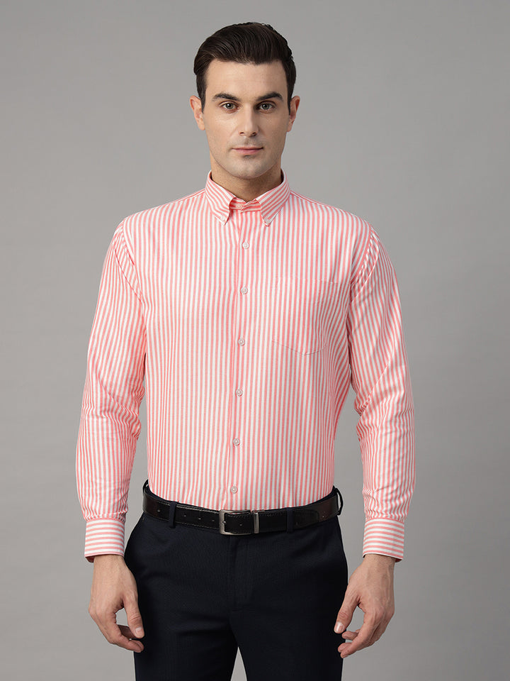 Men White & Coral Striped Cotton Rich Slim Fit Formal Shirt