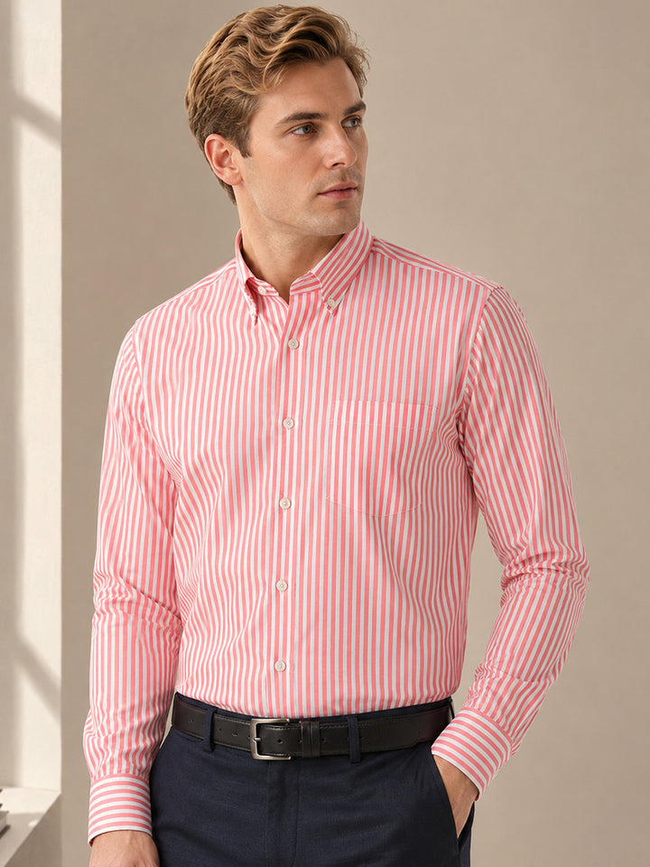 Men White & Coral Striped Cotton Rich Slim Fit Formal Shirt