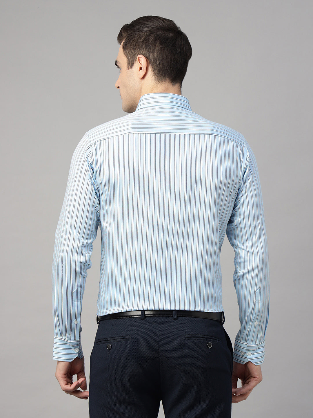 Men Sky Blue & White Striped Pure Cotton Slim Fit Formal Shirt