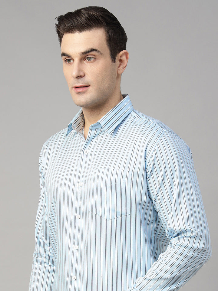 Men Sky Blue & White Striped Pure Cotton Slim Fit Formal Shirt
