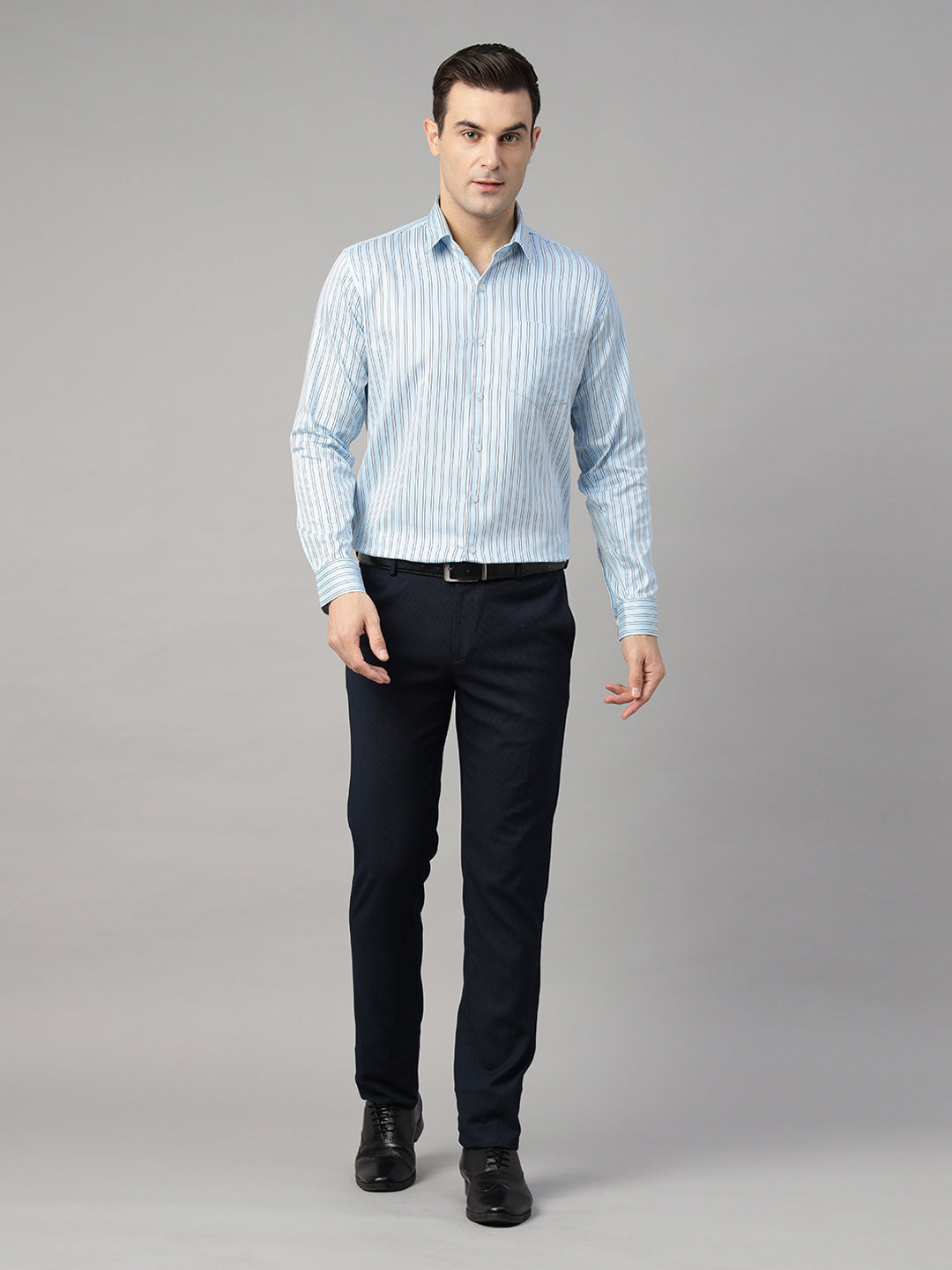 Men Sky Blue & White Striped Pure Cotton Slim Fit Formal Shirt