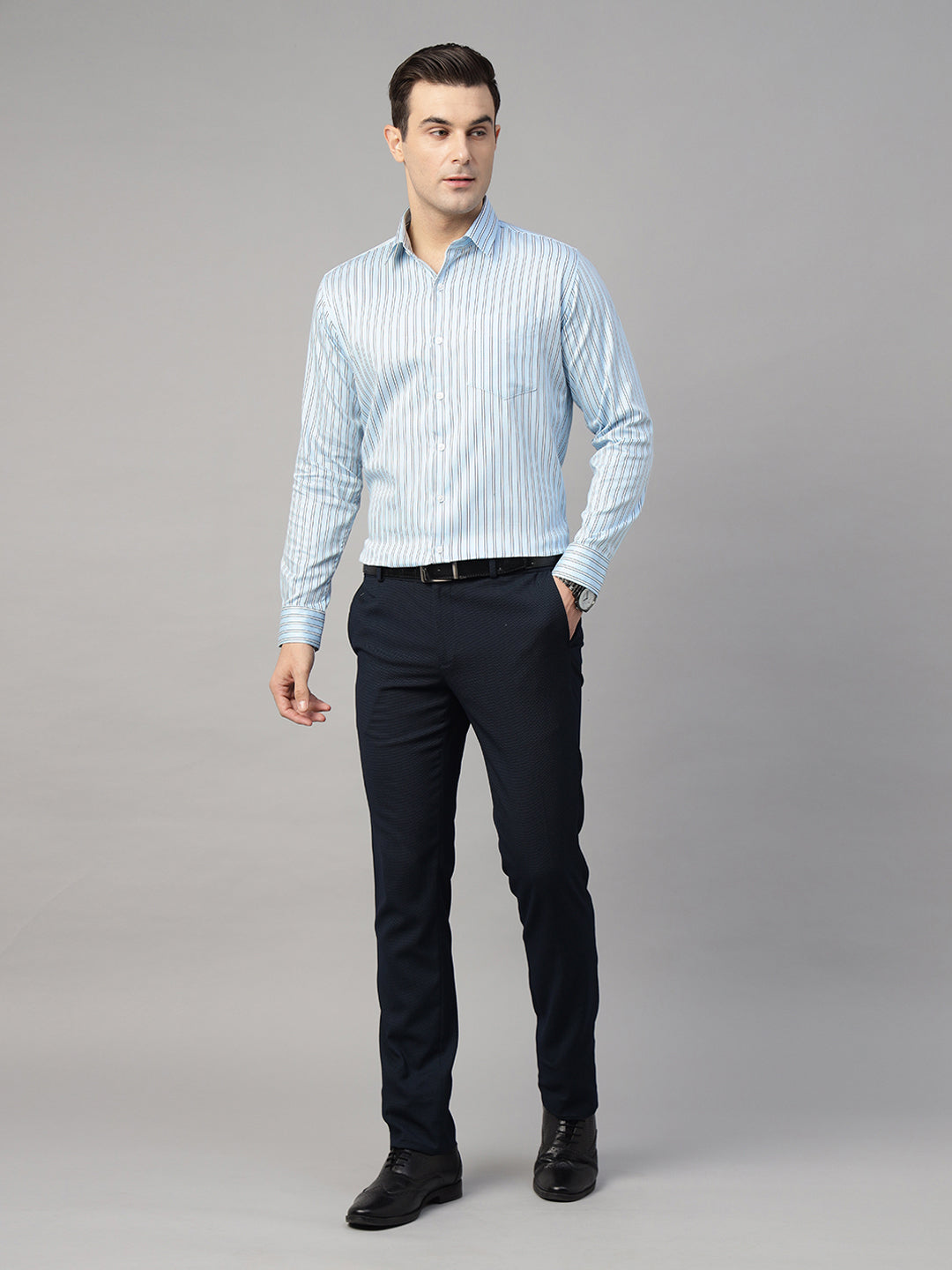 Men Sky Blue & White Striped Pure Cotton Slim Fit Formal Shirt