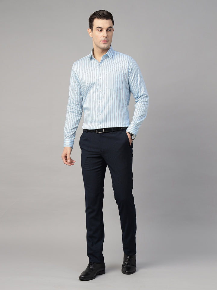 Men Sky Blue & White Striped Pure Cotton Slim Fit Formal Shirt