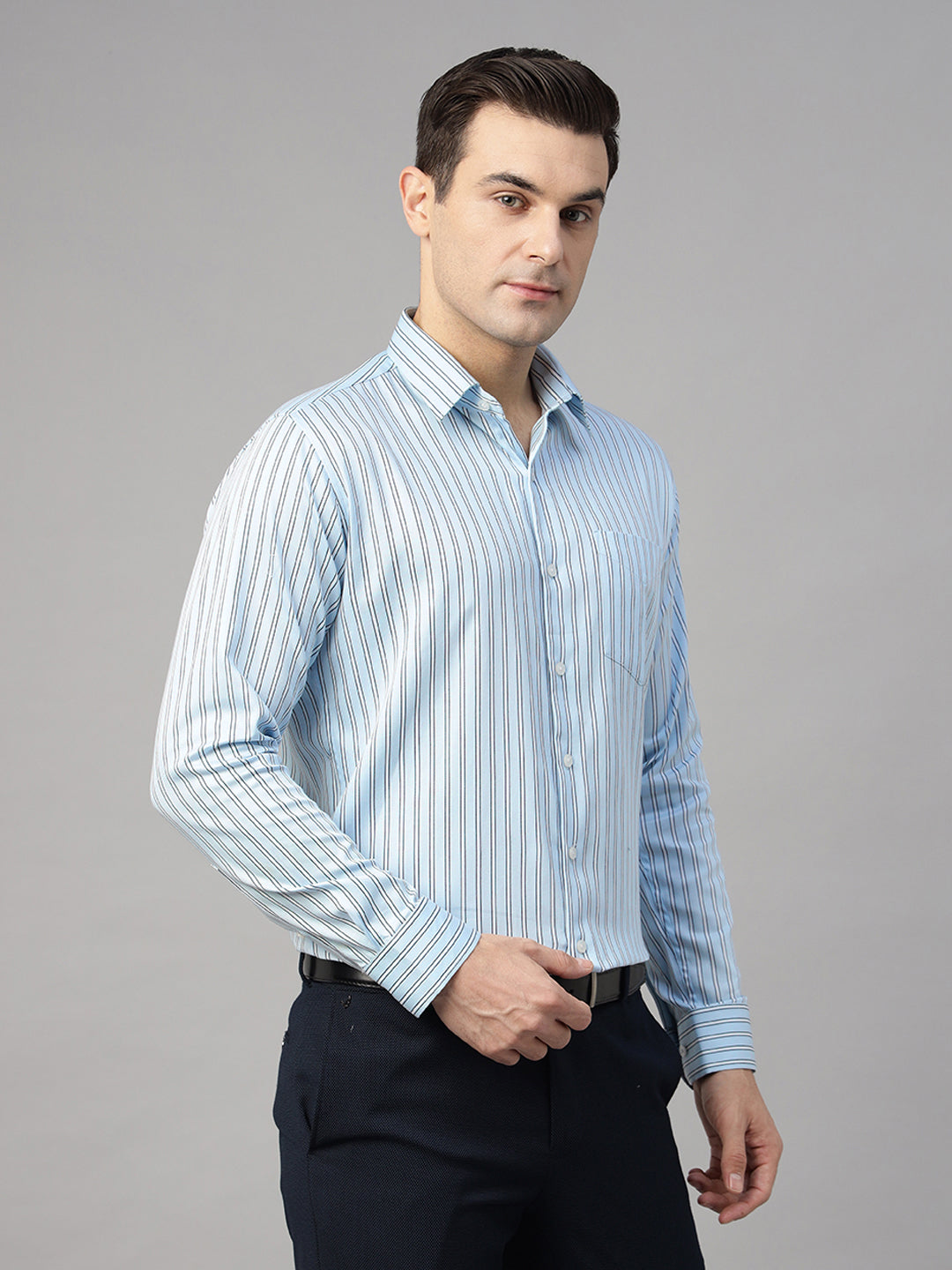 Men Sky Blue & White Striped Pure Cotton Slim Fit Formal Shirt