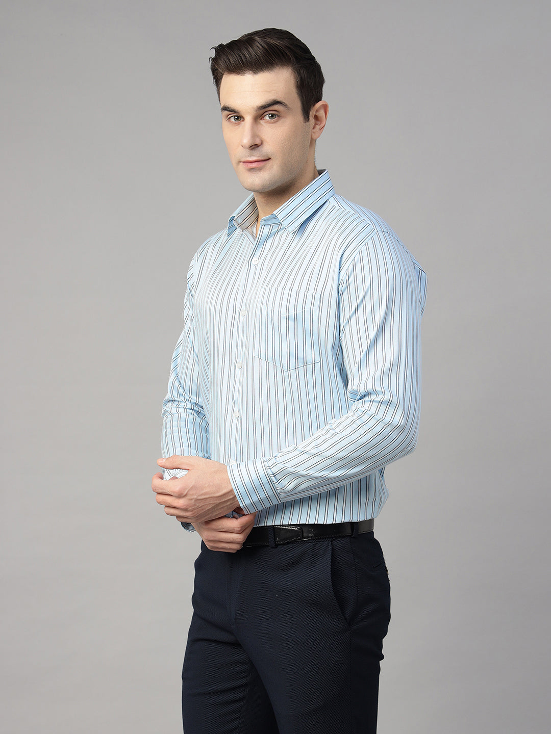 Men Sky Blue & White Striped Pure Cotton Slim Fit Formal Shirt