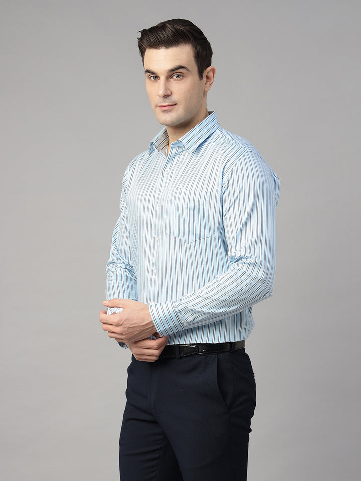 Men Sky Blue & White Striped Pure Cotton Slim Fit Formal Shirt