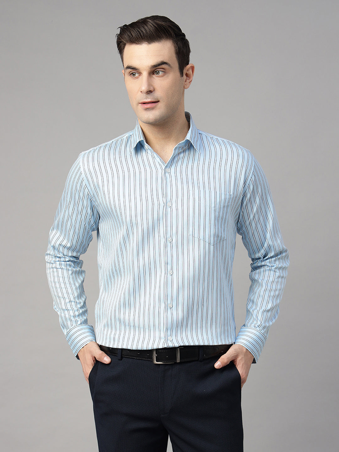 Men Sky Blue & White Striped Pure Cotton Slim Fit Formal Shirt