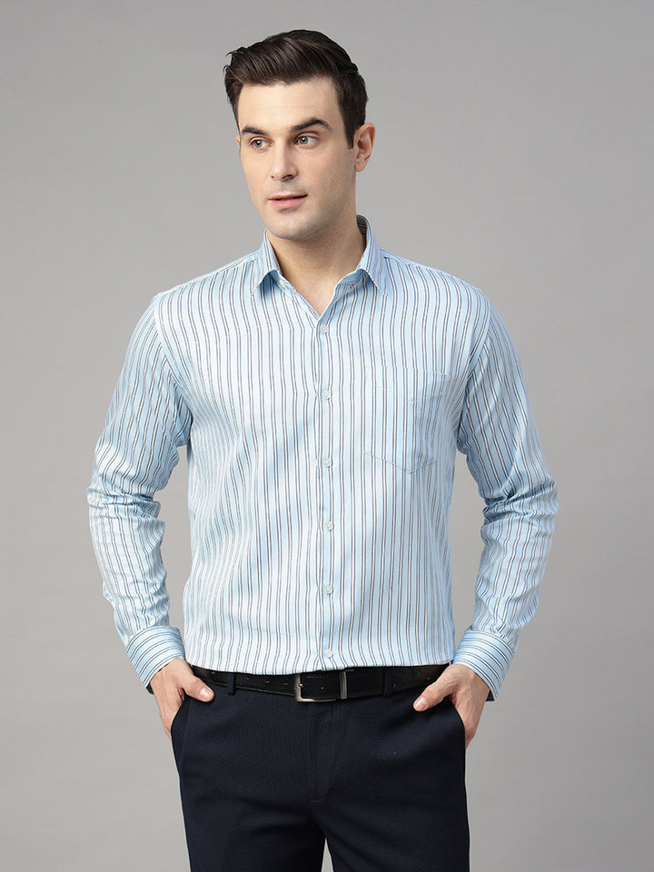 Men Sky Blue & White Striped Pure Cotton Slim Fit Formal Shirt