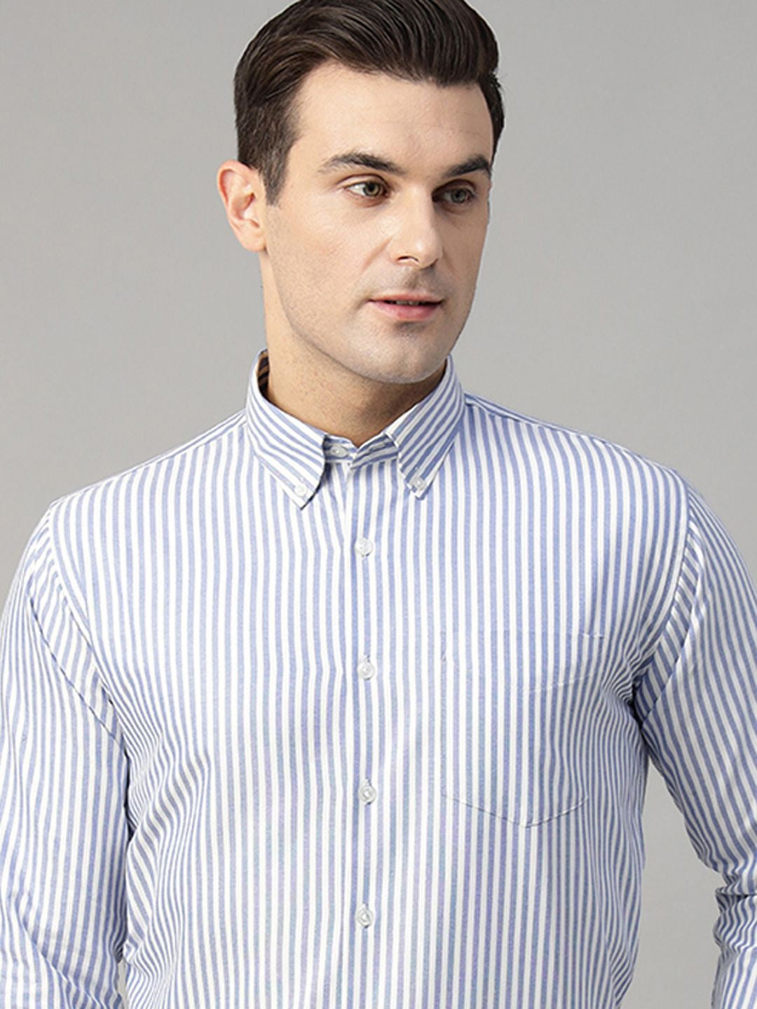 Men White & Blue Striped Pure Cotton Slim Fit Formal Shirt