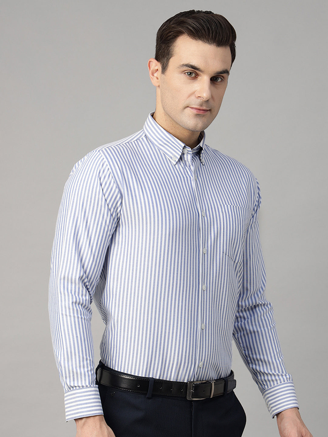Men White & Blue Striped Pure Cotton Slim Fit Formal Shirt