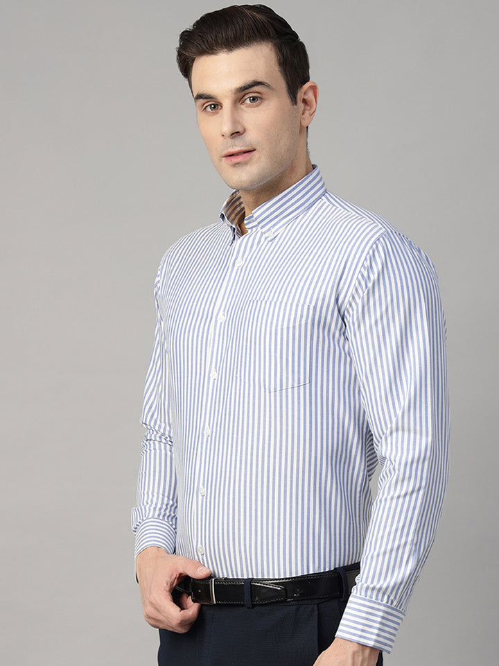 Men White & Blue Striped Pure Cotton Slim Fit Formal Shirt