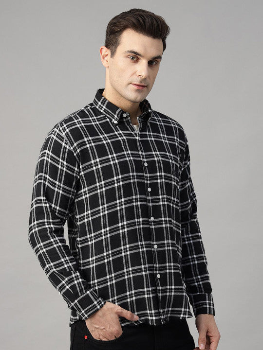 Hancock Men Black & White Checked Pure Cotton Slim Fit Casual Shirt