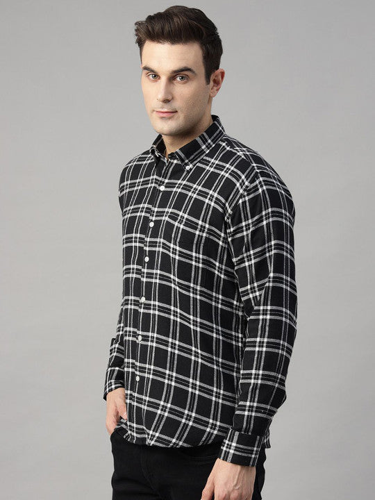Hancock Men Black & White Checked Pure Cotton Slim Fit Casual Shirt