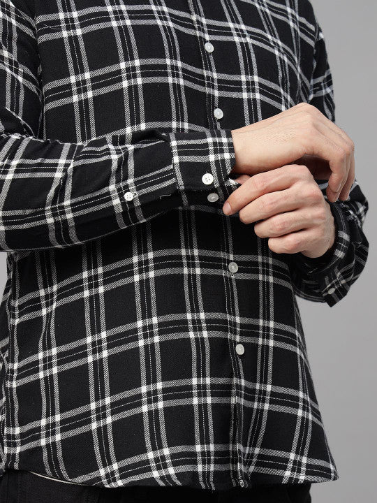 Hancock Men Black & White Checked Pure Cotton Slim Fit Casual Shirt