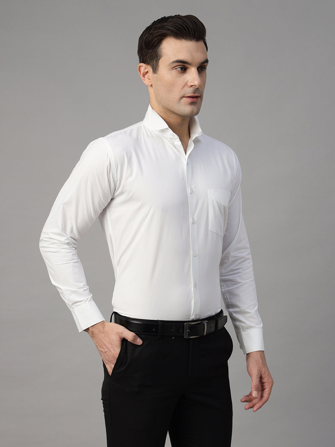 Hancock Men White Solid Pure Cotton Slim Fit Party Shirt