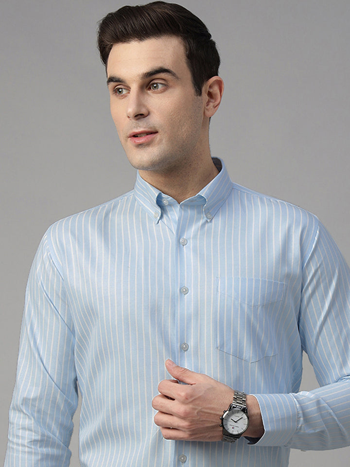 Men Sky Blue & White Striped Pure Cotton Slim Fit Formal Shirt