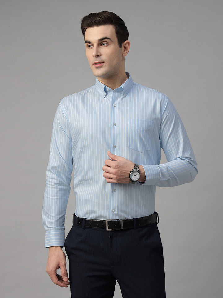 Men Sky Blue & White Striped Pure Cotton Slim Fit Formal Shirt