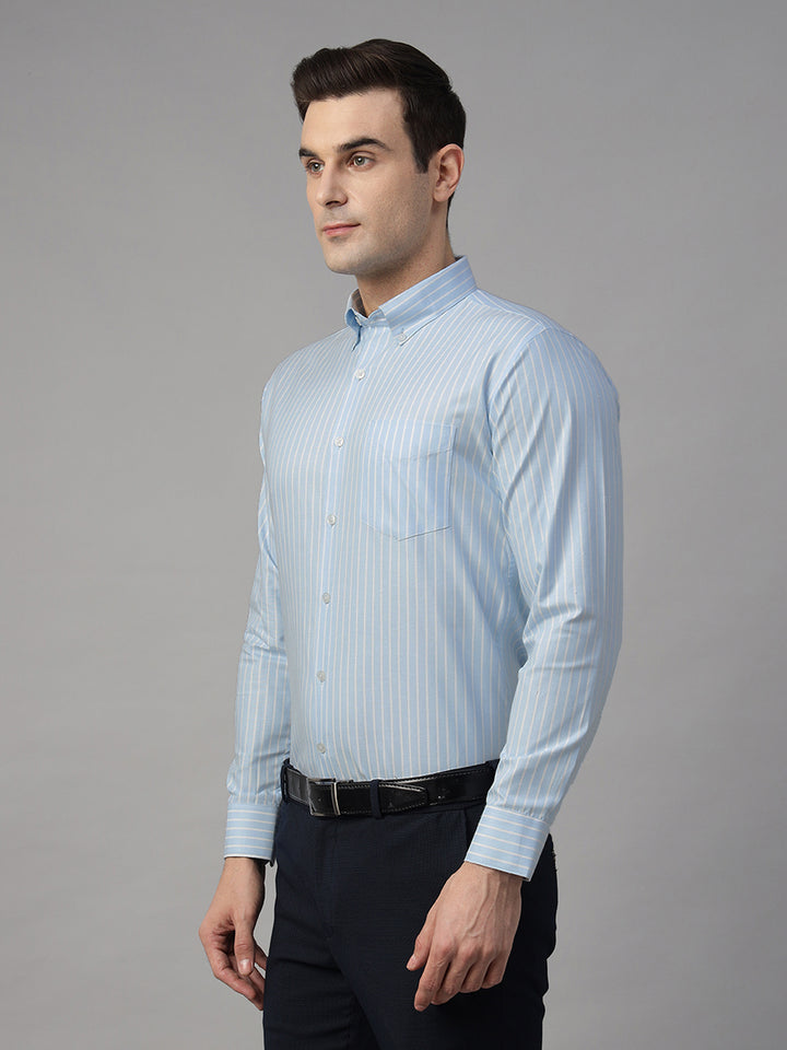 Men Sky Blue & White Striped Pure Cotton Slim Fit Formal Shirt