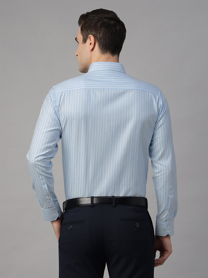 Men Sky Blue & White Striped Pure Cotton Slim Fit Formal Shirt