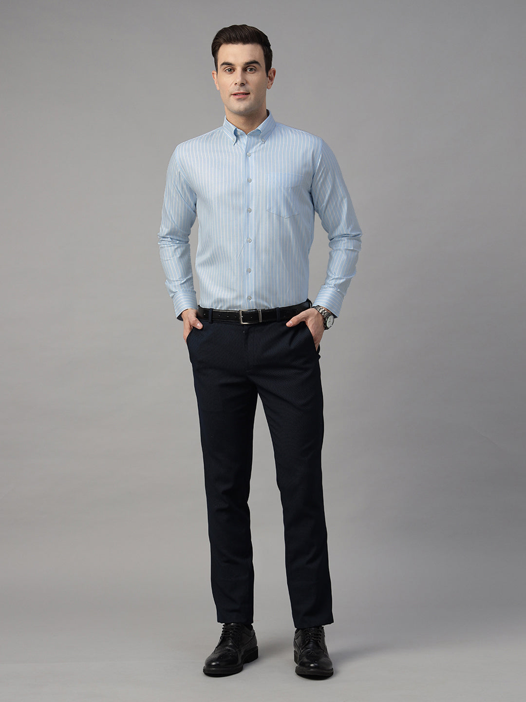 Men Sky Blue & White Striped Pure Cotton Slim Fit Formal Shirt