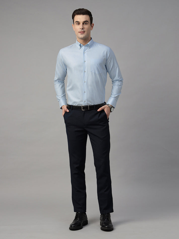 Men Sky Blue & White Striped Pure Cotton Slim Fit Formal Shirt