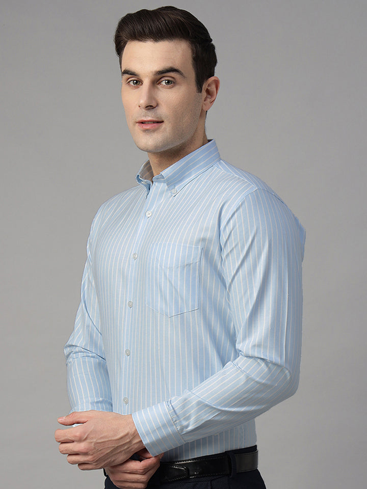 Men Sky Blue & White Striped Pure Cotton Slim Fit Formal Shirt