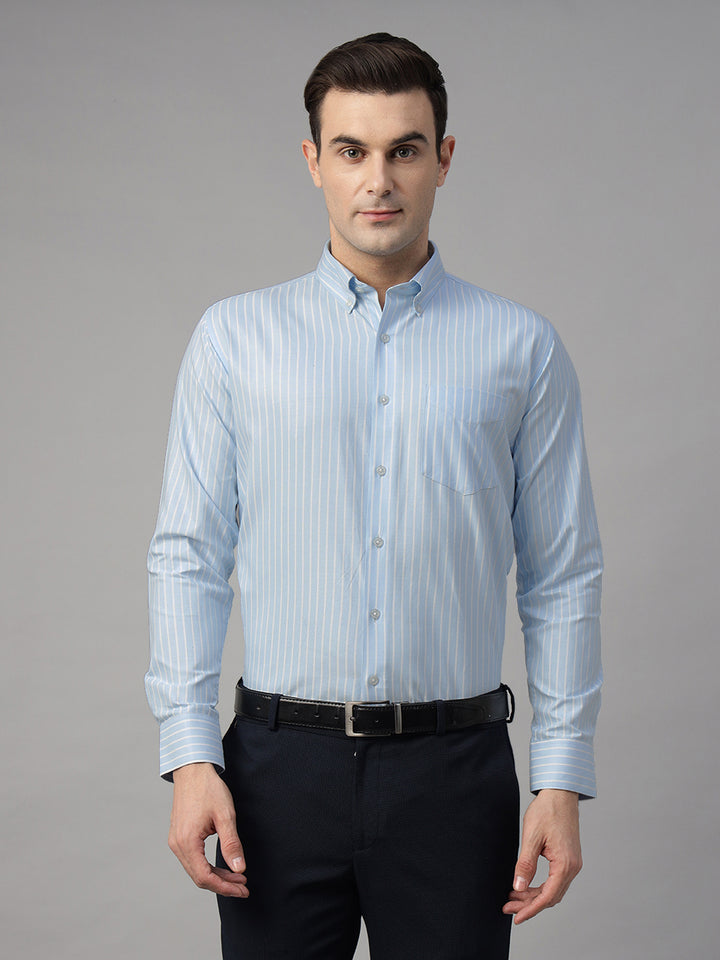 Men Sky Blue & White Striped Pure Cotton Slim Fit Formal Shirt