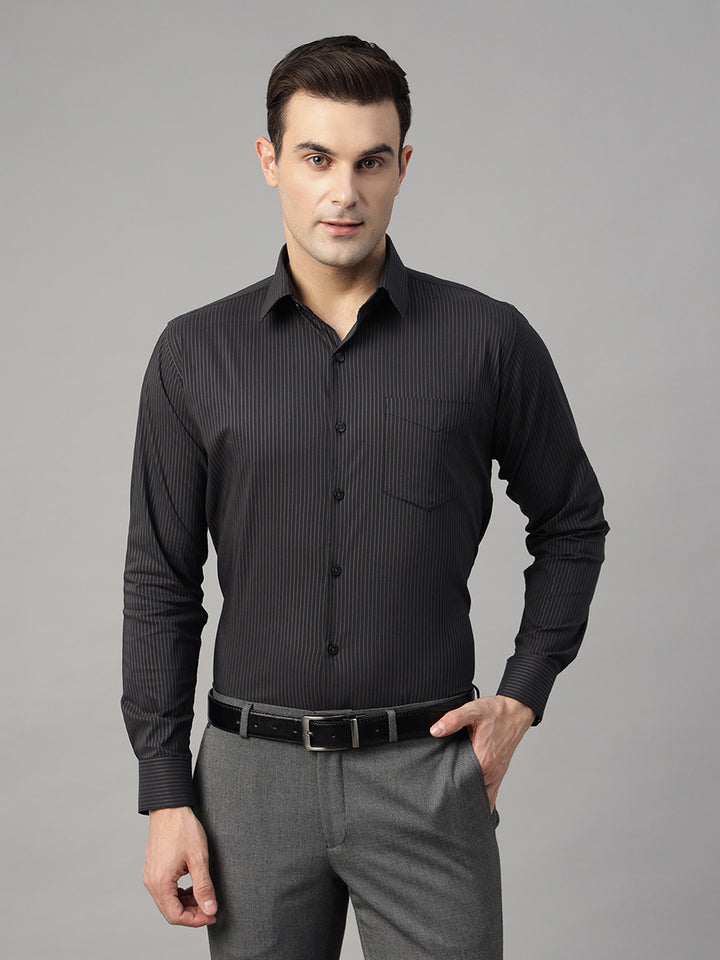 Men Black Striped Pure Cotton Slim Fit Formal Shirt